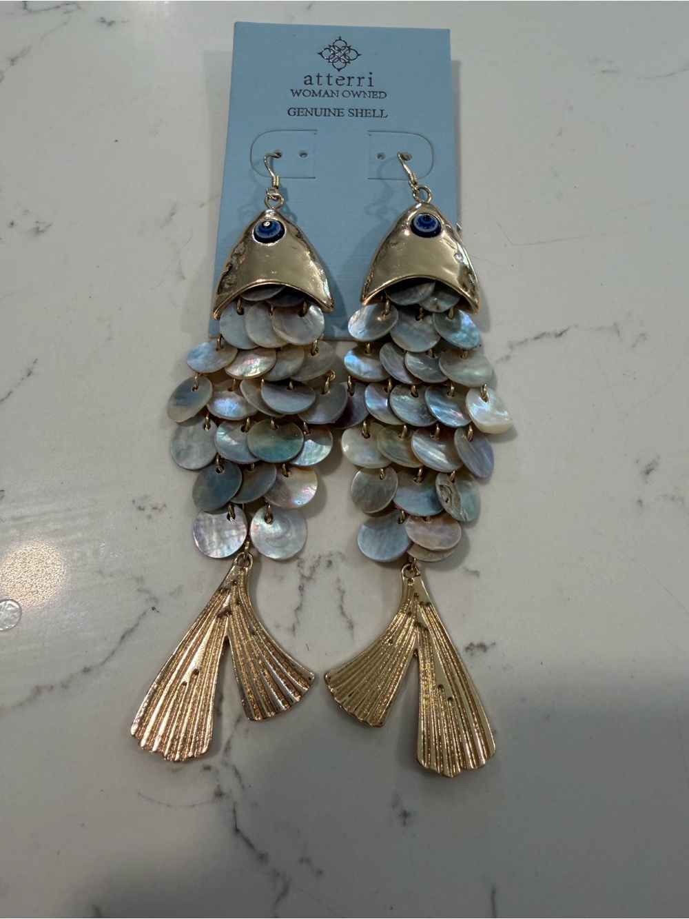 Atterri Gold and Iridescent Shell Drop Fish Earrings